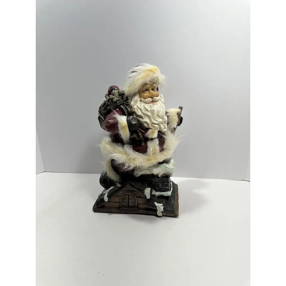 Vintage Wood Carved Art Santa Claus Entering Chimney With Sack Of‎ Toys Figure